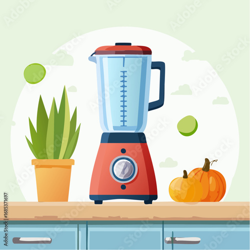 Red Blender With Orange Pumpkins And Succulent Plant On Kitchen Counter