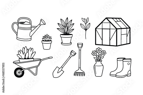 Black and white line art of gardening tools and plants watering can wheelbarrow