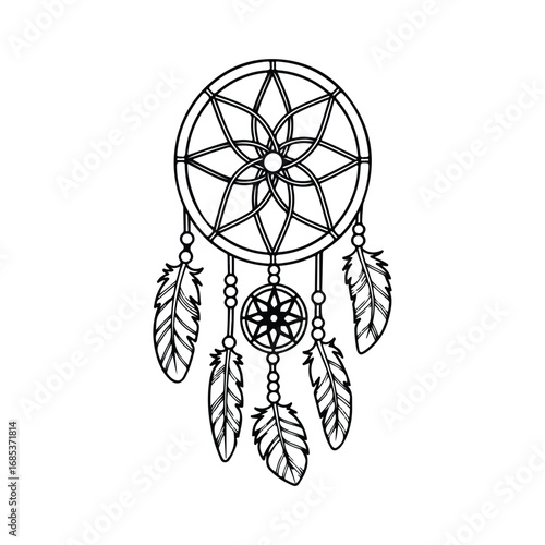 Black outline dreamcatcher with feathers and beads on white background native american indigenous