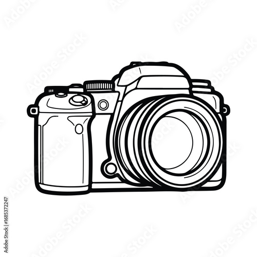 Black and white line art illustration of a D S L R camera with lens DSLR photography