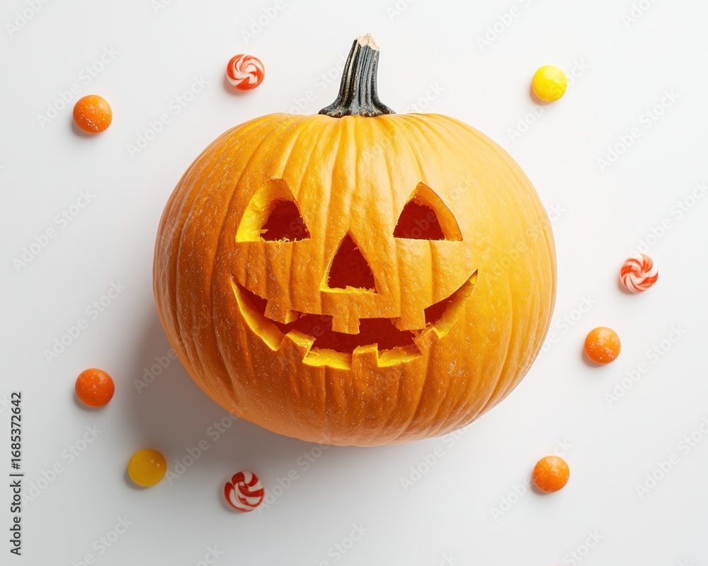 Fototapeta premium Carved halloween pumpkin surrounded by colorful candies on a white background