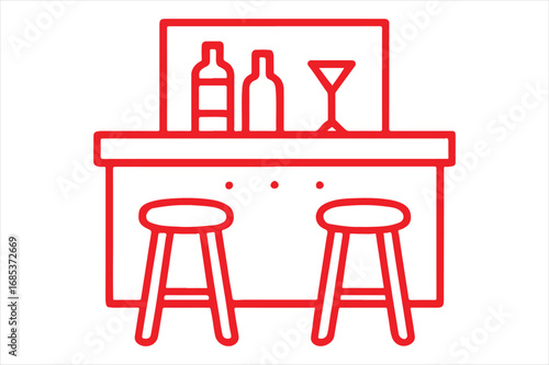 Bar scene with bottles stools and martini glass simple graphic silhouette white background