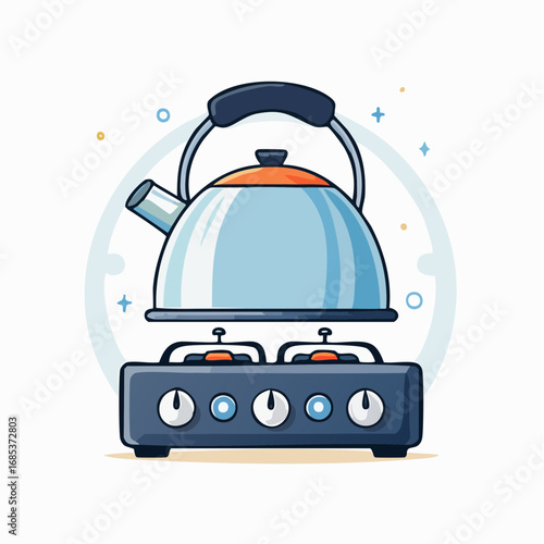 Colorful Illustration Of Tea Kettle On Gas Stove
