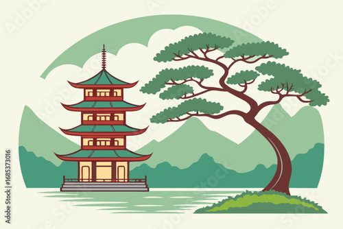 A traditional pagoda stands near a pine tree with mountains visible in the background