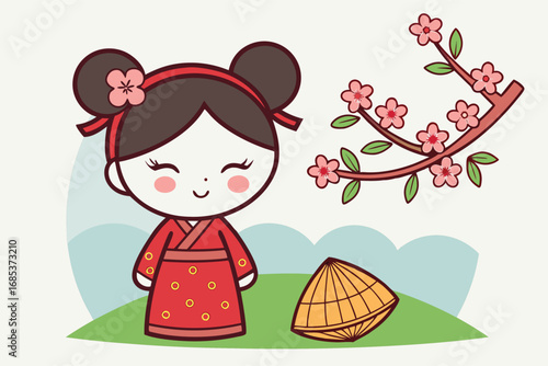 Smiling cartoon Japanese girl in kimono stands near a conical hat and cherry blossoms