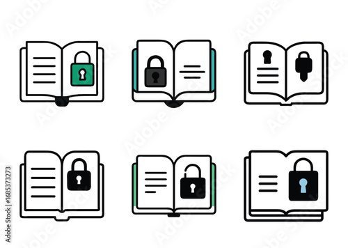 Collection of open books containing illustrations of padlocks representing security knowledge