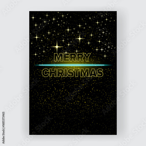 Merry Christmas square poster and banner with neon greeting text and night stars and lights. Merry Christmas flyer, card or invitation with starry space and text