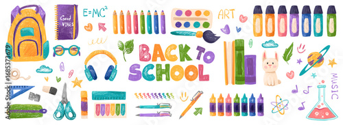 Big set of school supplies in doodle crayon scribble style. Back to school colorful vector illustration isolated on a white background