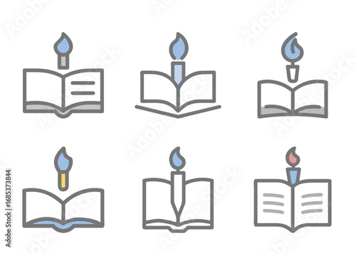 Illustrations of open books with flames signifying knowledge and enlightenment concept