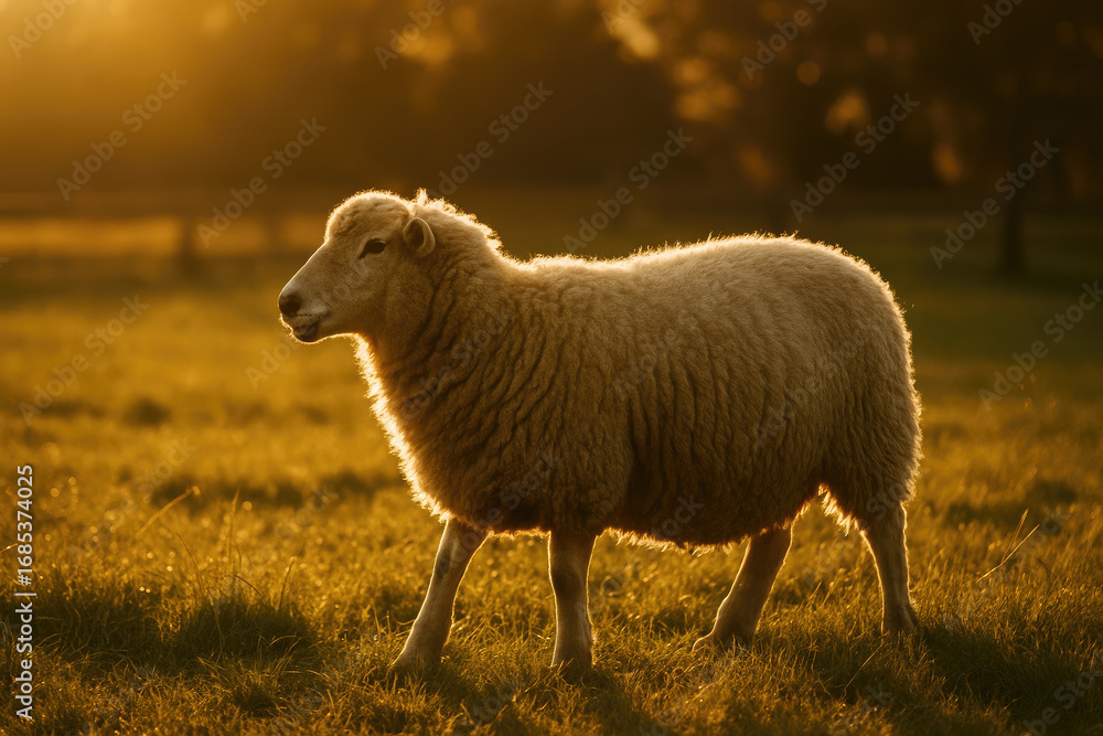 Fototapeta premium Sheep standing on grassy field in warm golden sunlight during sunset