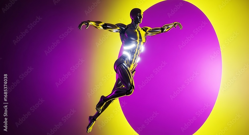 Obraz premium Futuristic humanoid figure in dynamic pose with purple background