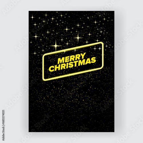 Merry Christmas square poster and banner with neon greeting text and night stars and lights. Merry Christmas flyer, card or invitation with starry space and text
