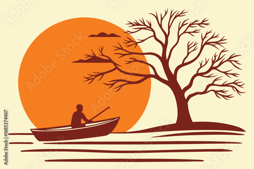 Silhouette depicts a lone rower on water near a tree against an orange sun
