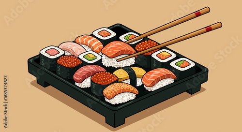 Assortment of Fresh Sushi on a Tray with Chopsticks