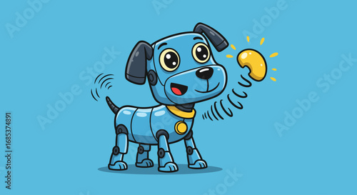 Cute Blue Robot Dog with Wagging Tail Happily Playing with a Glowing Yellow Toy Ball