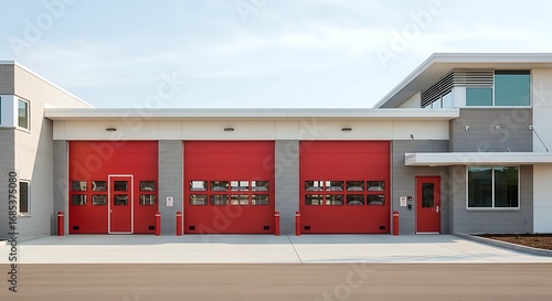 A Modern Fire Station Exterior Features Bold Red Garage Doors And Clean Contemporary Architecture. This Civic Building Represents Community Safety And Essential Public Service.