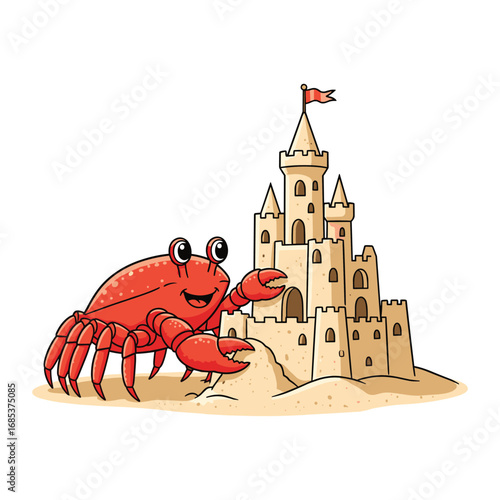 Cartoon red crab with claws raised next to a sandcastle on a beach ocean