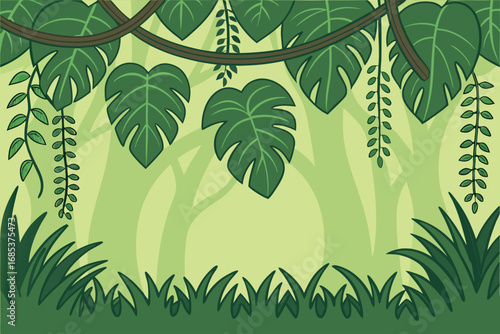 Monstera leaves and vines cascade in this illustrated cartoon jungle backdrop with grass