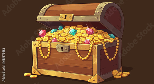 Illustrated wooden treasure chest overflowing with gold coins and sparkling jewels