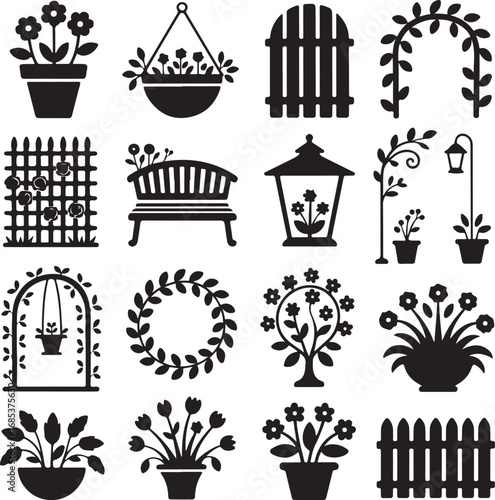 Garden and Outdoor Decor Silhouette Icon Set flower potted flower