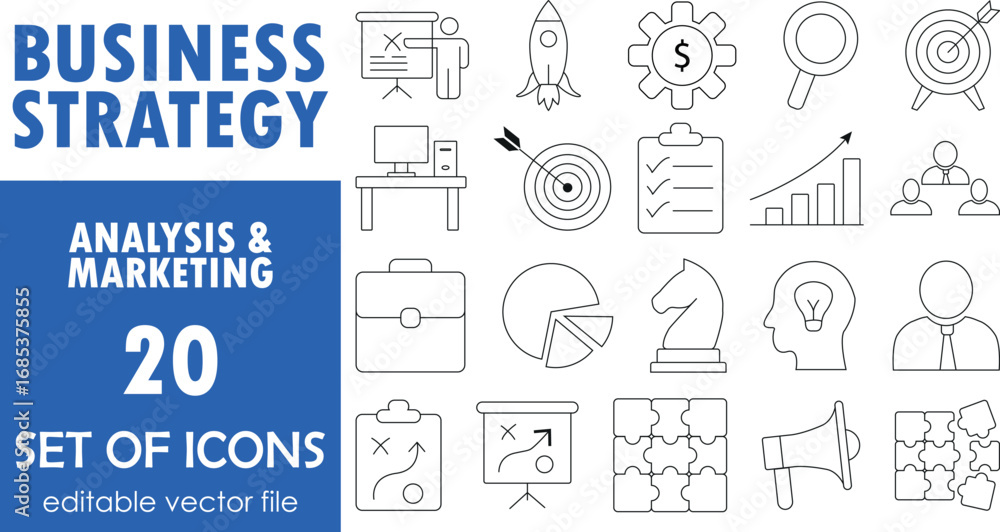 Fototapeta premium Business strategy marketing analysis targeting success icons. Flat vector line illustration