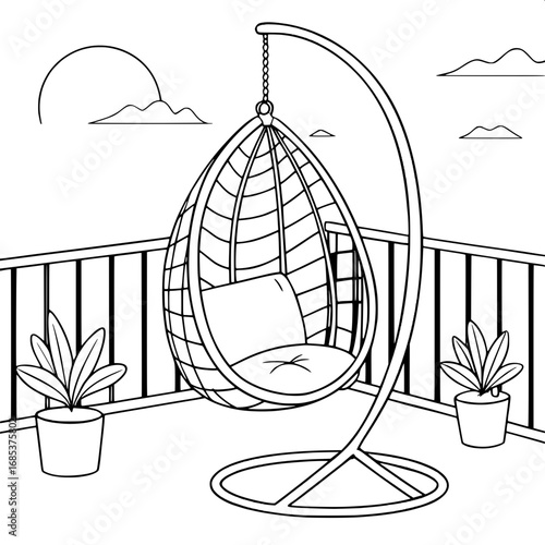 A hanging egg-shaped rest chair with cushions, swinging gently on a balcony.