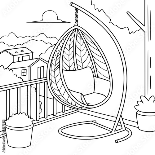 A hanging egg-shaped rest chair with cushions, swinging gently on a balcony.