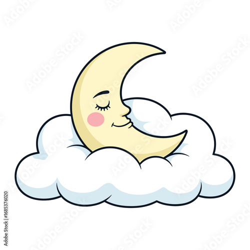 Sleeping crescent moon with closed eyes resting on fluffy white clouds slumber night