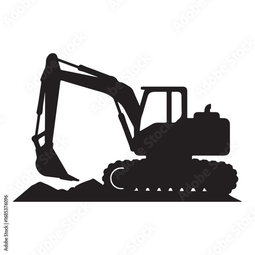 Excavator Silhouette on Construction Site Heavy Equipment Icon Vector Illustration Black and White Construction Machinery for Building and Development