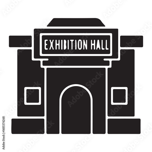 Exhibition Hall Building Black and White Minimalist Illustration of Convention Center and Trade Show Venue Vector Icon Style isolated on White Background