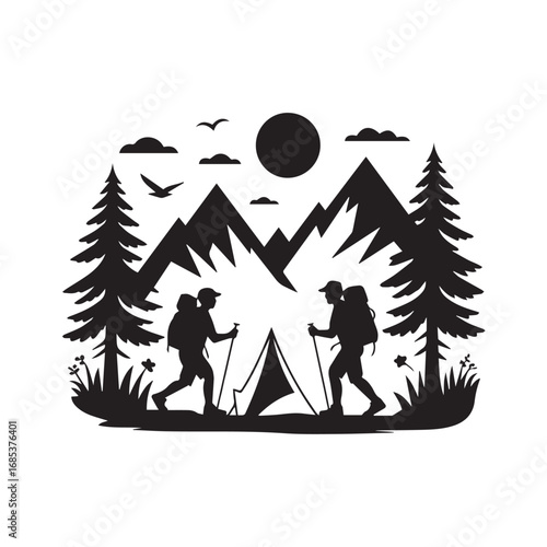 Silhouette of two hikers with backpacks and trekking poles near a tent, mountains, and trees, isolated on white background technology background