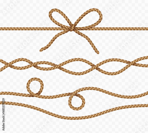Rope set isolated on transparent background. Vector realistic jute, lace, bow and cord elements. 3d fiber texture strings