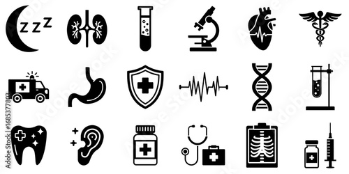 Medical and healthcare icons set isolated on transparent background, black glyph symbols including organs, DNA, microscope, syringe, ambulance, stethoscope, test tube, pharmacy illustration