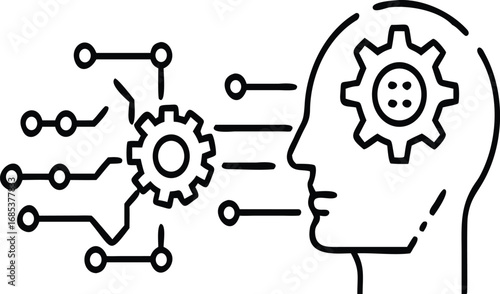 Digital Intelligence: A conceptual illustration showcases a human head integrated with gears and circuit board, symbolizing the essence of artificial intelligence, information technology.
