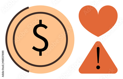 Dollar coin alongside heart and warning triangle, representing financial priorities, risk, and balance. Ideal for finance, business, decision-making, risk management, priorities caution simple flat