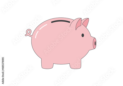 A cute pink pig shaped money box with a slot on top and a curly tail on the side sitting on a white background symbolizing saving and financial security