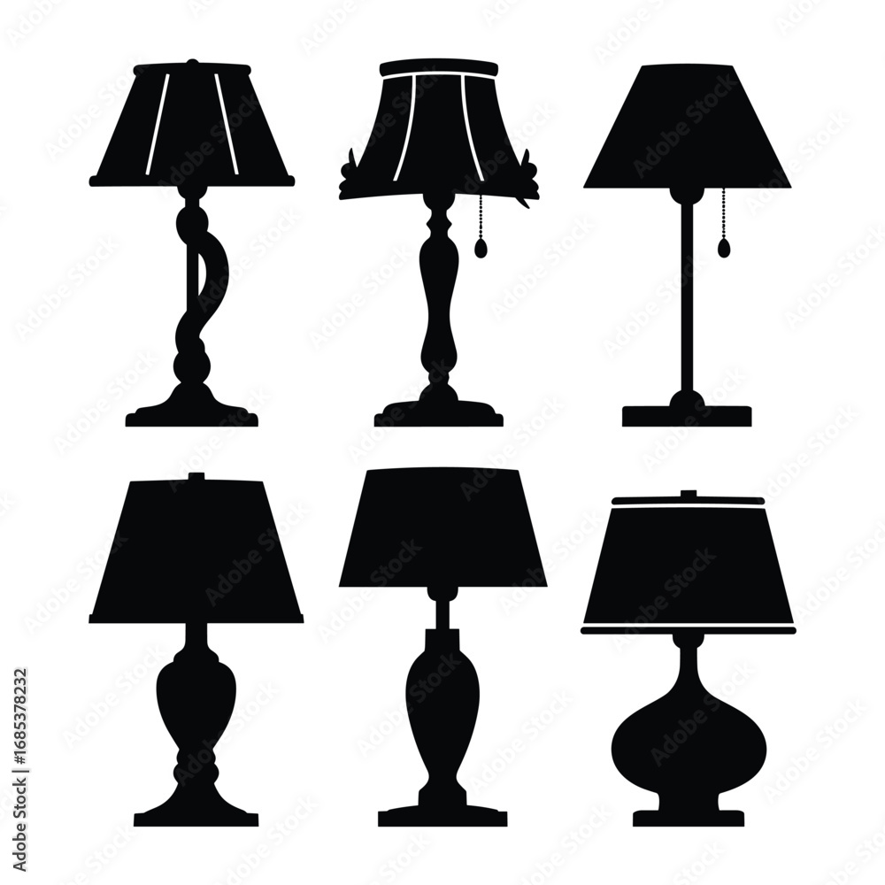 Obraz premium Six black silhouette table lamps with different bases and shades black and white interior
