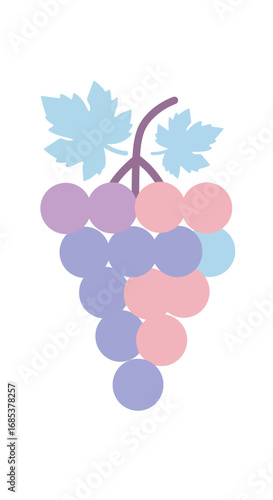Vibrant Grapes Cluster with Pastel Hues and Autumn Leaf Accents on a Clean White Background