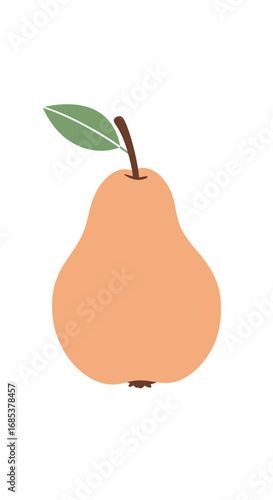 A single golden yellow pear with a green leaf and brown stem sits isolated on a pure white background in a simple flat vector illustration representing healthy eating and natural produce