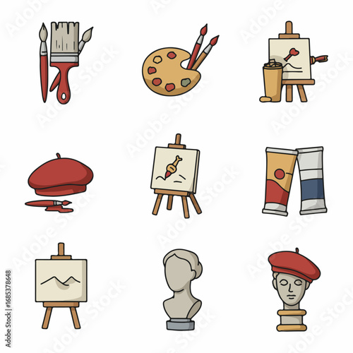 Collection of cartoon art studio tools and artist supplies icons, including brushes, palettes, easels, paint tubes, berets, and sculptures.