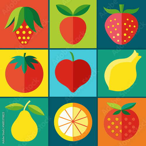 Colorful flat design fruit and vegetable grid with strawberries tomato pear and lemon