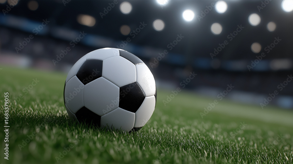 Fototapeta premium Cinematic sports concept with football placed on grass blades, illuminated by dramatic lighting, giant stadium architecture, cheering supporters, and detailed textures representing victory and competi