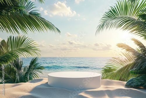 Tropical beach background with empty round podium on sand surrounded by green palm leaves and sunlight over ocean perfect for product display or branding mockup