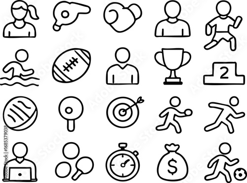 Hand-drawn line art icons covering various sports, fitness, and competition elements.