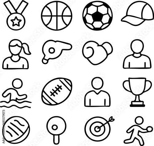 Essential outline icons for sports, fitness, and active lifestyles. Web, app, infographic ready.