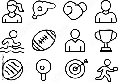 Hand-drawn line art icons for sports, fitness, and competition. Perfect for apps, UI.