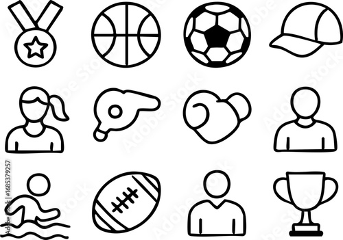 Line art sports icons collection featuring athletic gear and diverse people. Ideal for apps.