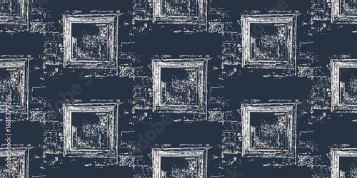 Sketch of a wooden window on grunge brick wall. Seamless pattern with vintage square wood frame. Vector illustration