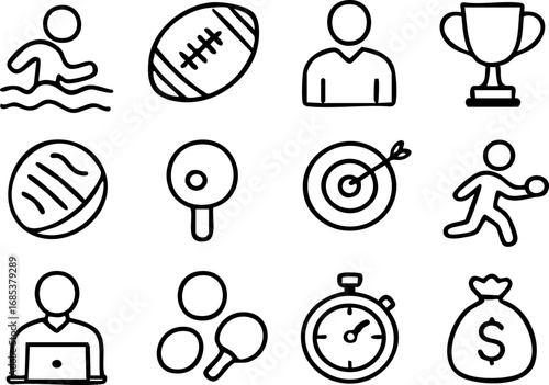 Minimalist outline icon set for sports, business, and daily life activities.