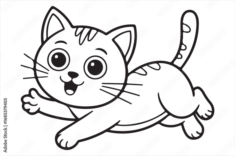 Naklejka premium Happy cartoon kitten running with big eyes and striped tail silhouette white background